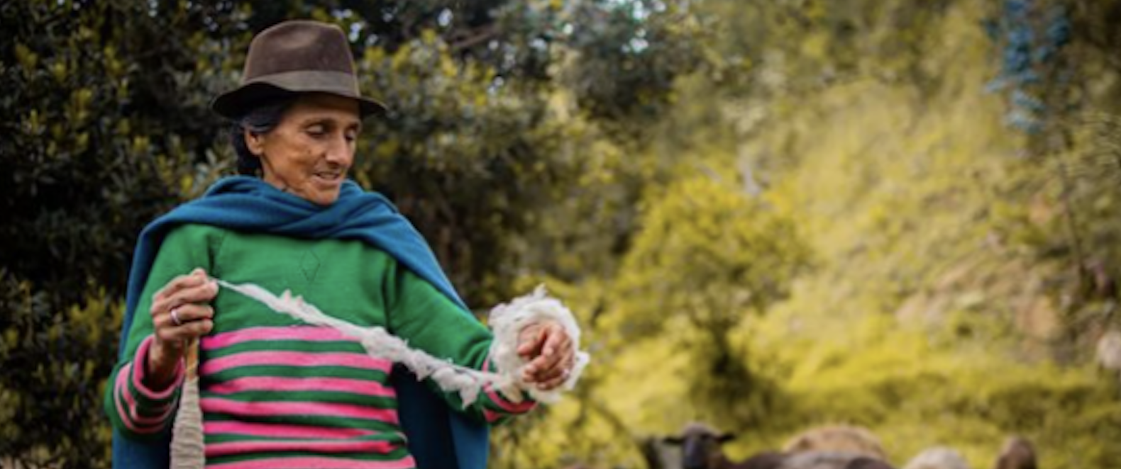 Mujer campesina tejiendo en el campo